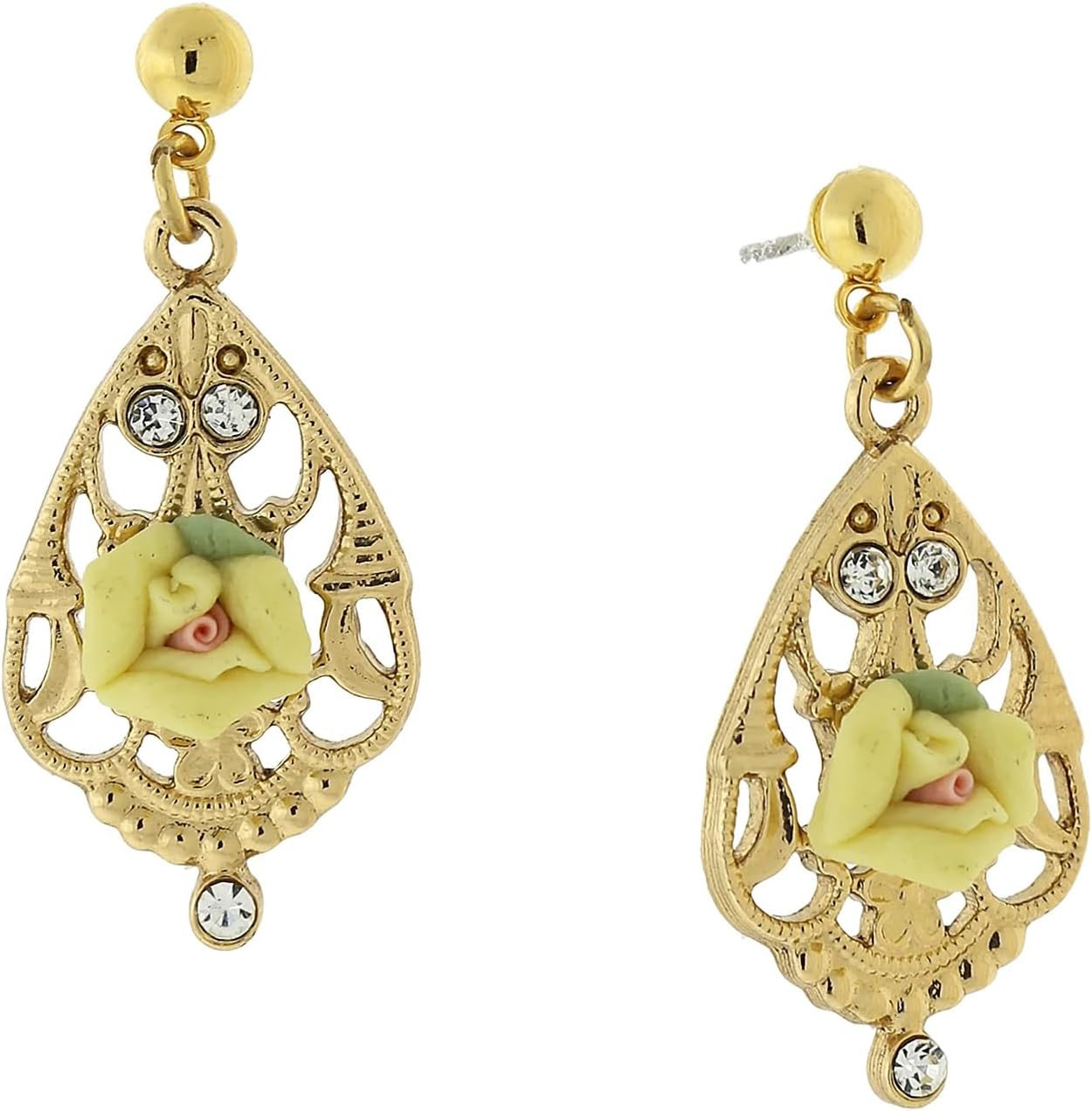 1928 Jewelry "Porcelain Rose" Teardrop Filigree Crystal Accent Rose Teardrop Earrings For Women, Hand Crafted Flowers, Timeless Floral Jewellery, Made In USA