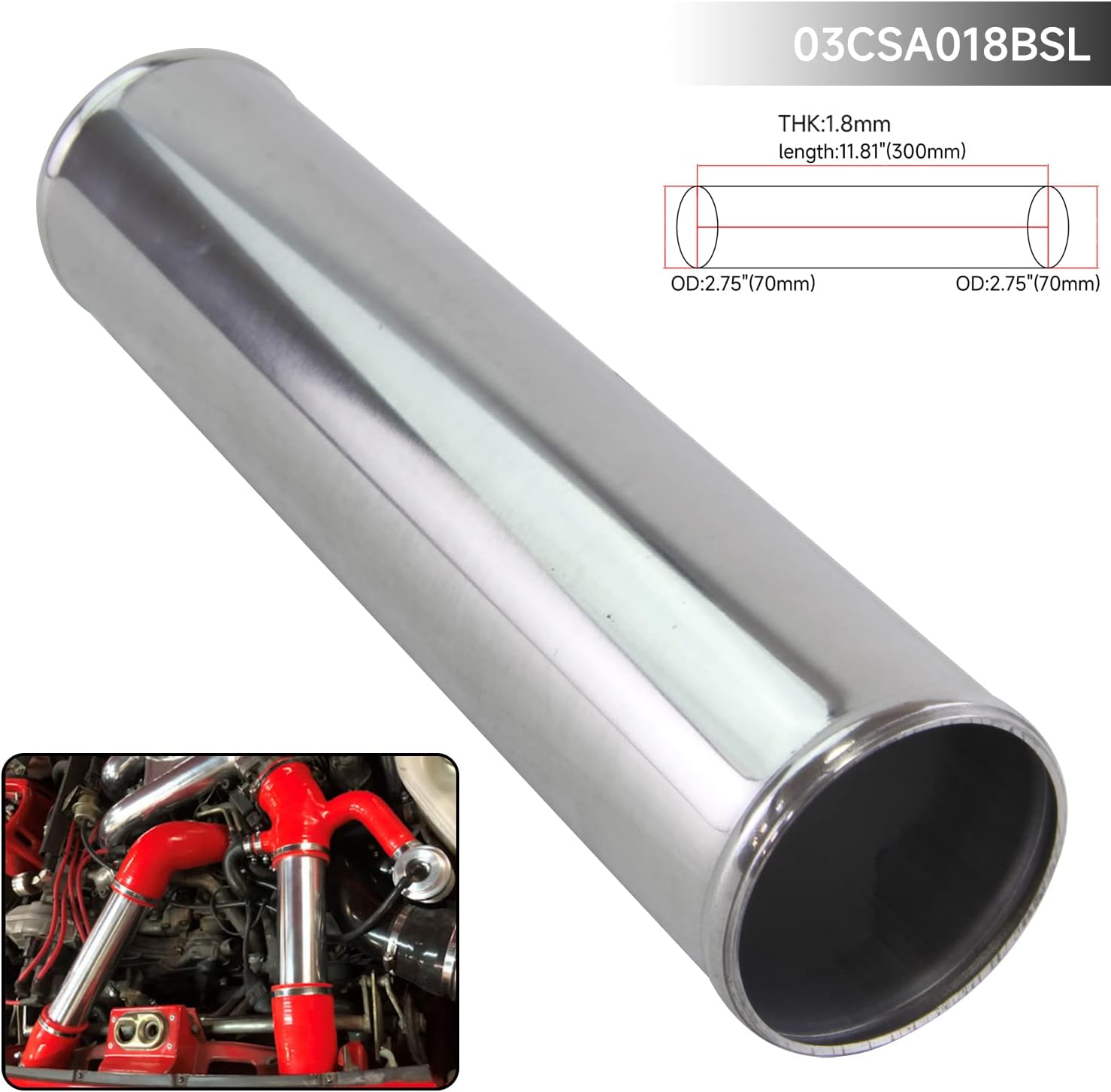Universal OD 2.75" Length 11.81" 300mm Aluminum Intercooler Piping Pipe Straight Alloy Tube Intake Pipe Connector