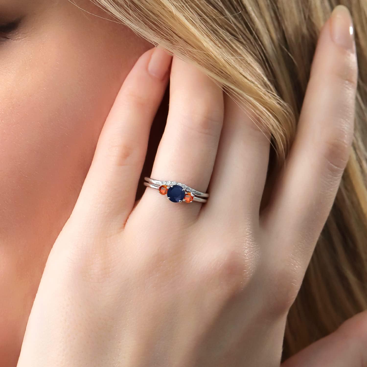 Gem Stone King 10K White Gold Blue Sapphire and Orange Sapphire and Lab Grown Diamond 3-Stone Bridal Engagement Wedding Ring Set For Women (0.93 Cttw, September Birthstone, Round 5MM)