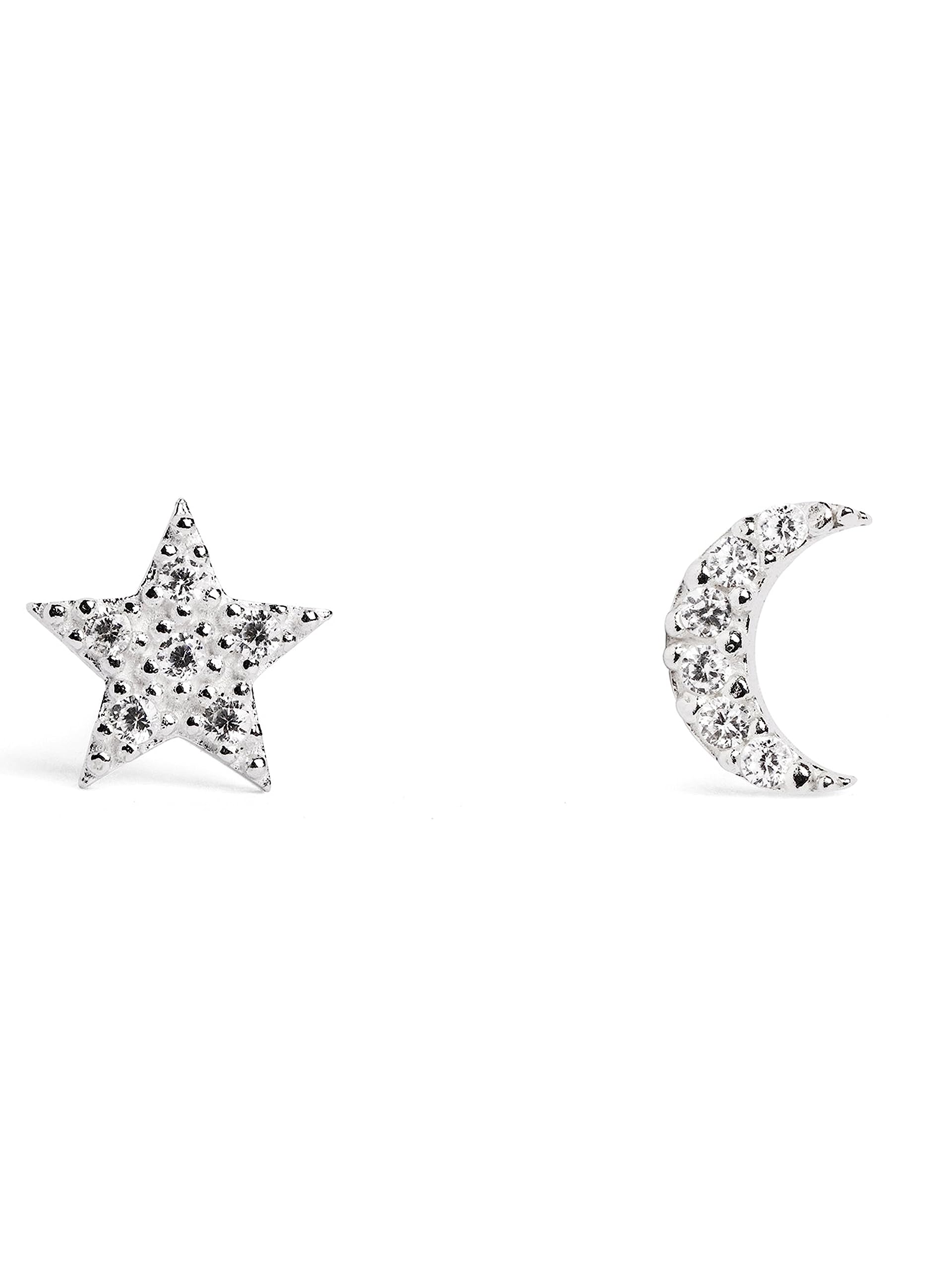 SINGULARU Pendientes Moon & Star - Pendientes en Plata de Ley 925 con Acabado Baño de Oro de 18 Kt, Oro Rosa de 18 Kt o Rodio - Pendientes Cierre Tuerca a Presión - Joyas para Mujer