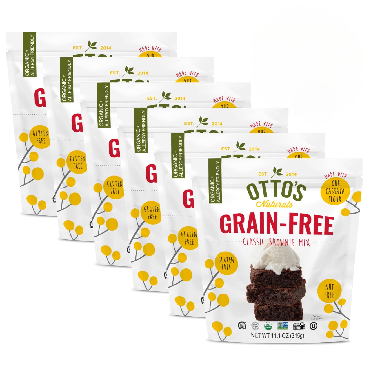 Otto's Naturals Grain-Free Classic Brownie Mix, 11.1 Oz., 6 Pack, Top 9 Allergen-Free, Organic Cassava Flour, Gluten Free, Non-GMO, Vegan, Plant-Based