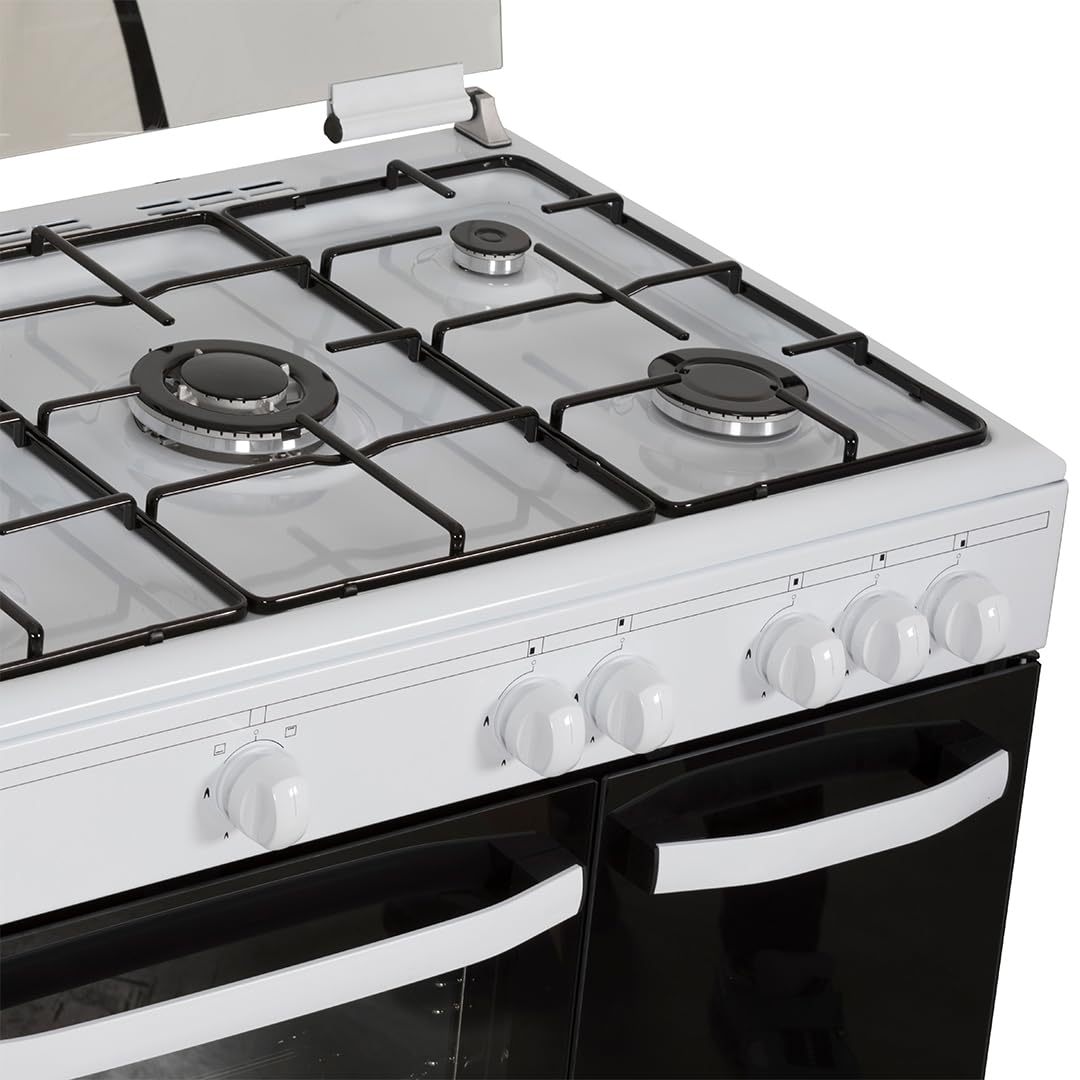 Svan Cocina Gas Butano 5 Zonas de Cocción, Horno 59 L, Blanco SKGW5900PB. Control Manual, Quemador WOK triple llama, 2 Programas de Cocción, Cristal en Puerta de Doble Capa, Tapa Abatible