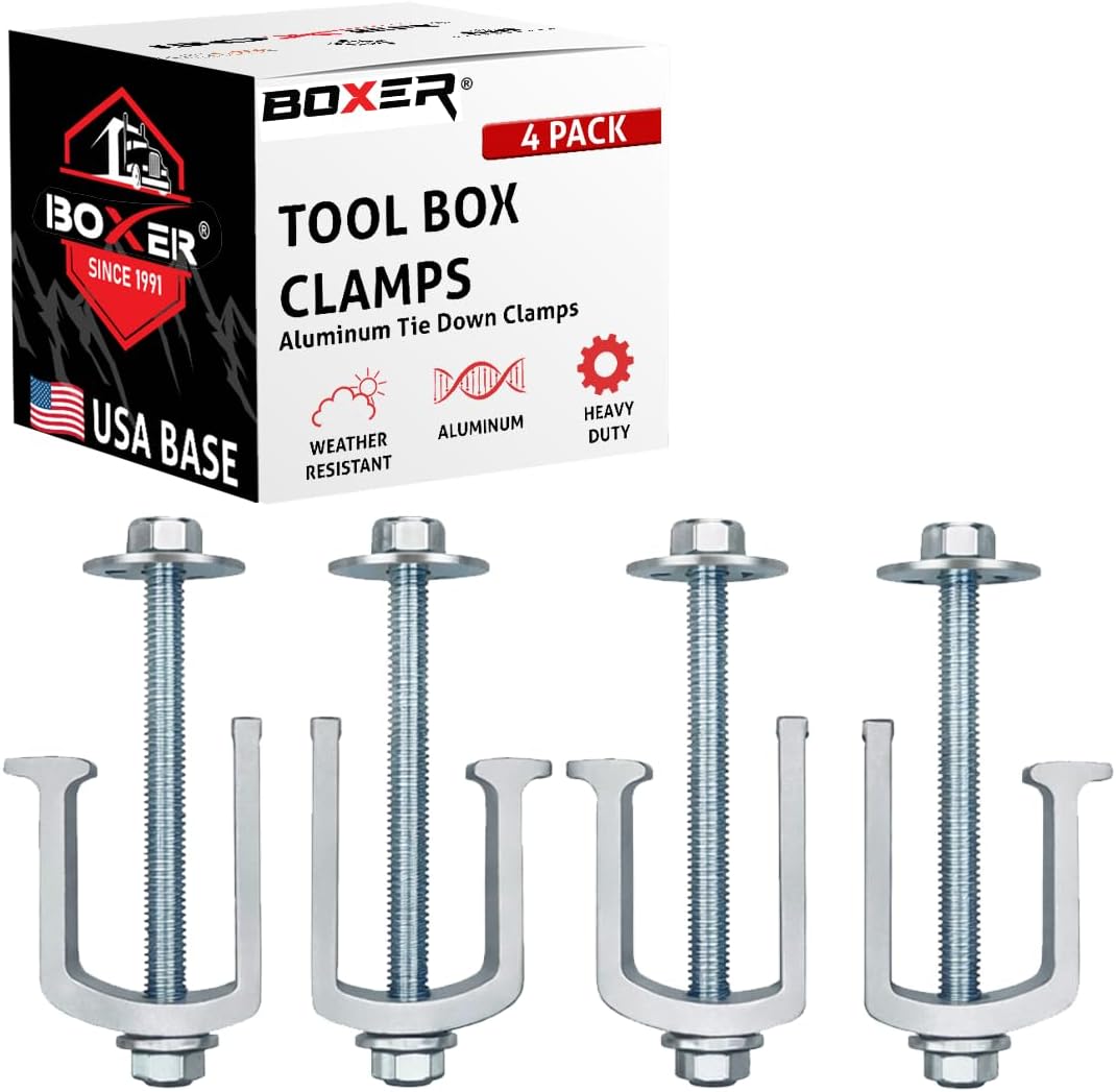 BoxerTool BXR Tool Box Clamp 4 Pack - Heavy Duty Universal Aluminum Tie Down Clamps for Tool Boxes, Trucks, Campers, Truck Bed, Mounting Kit