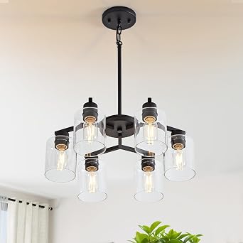 Black 6 Light Chandeliers for Dining Room Light Fixtures Over Table Chandelier Adjustable Height Kitchen Chandeliers Over Table Dining Chandelier Hanging with Clear Glass Shades for Kitchen Island