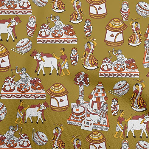 oneOone Silk Tabby Olive Green Fabric Kalamkari Traditional Craft Projects Decor Fabric Printed By The Yard 42 Inch Wide