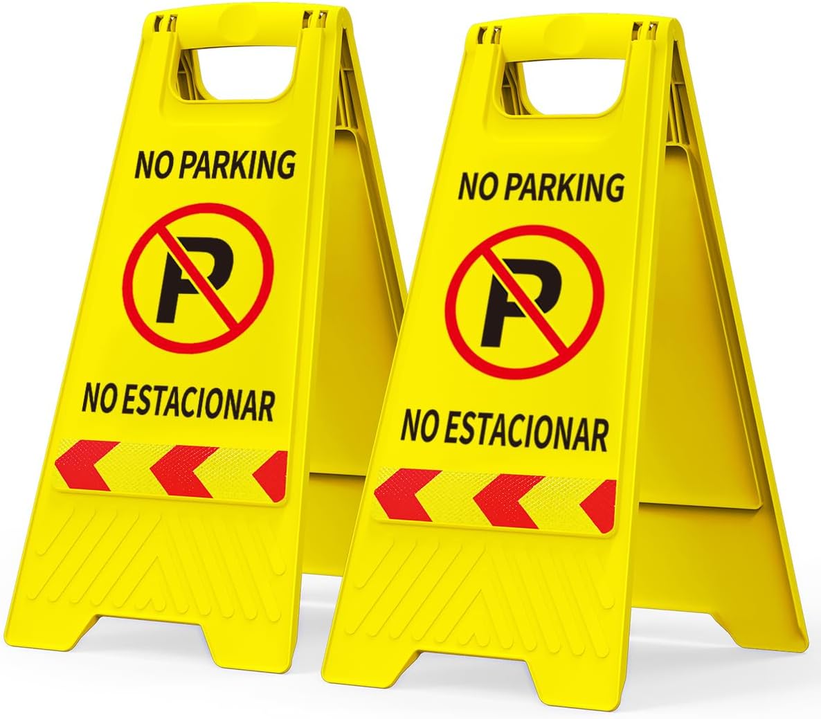 No Parking Signs, 2 Pack No Parking Signs with Reflective Tape, 17.5" Height Double-Sided English & Spanish Text and Graphics Easier to Identify, Portable Folding Bright Yellow Warning Sign for Commercial Use