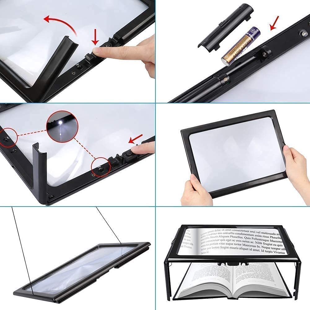 Lente d'Ingrandimento 3X Rettangolare A4 per la Lettura a Pagina Intera, Grande Lente d'Ingrandimento Pieghevole a Mani libere con 4 luci a LED, Perfetto ausilio per la l