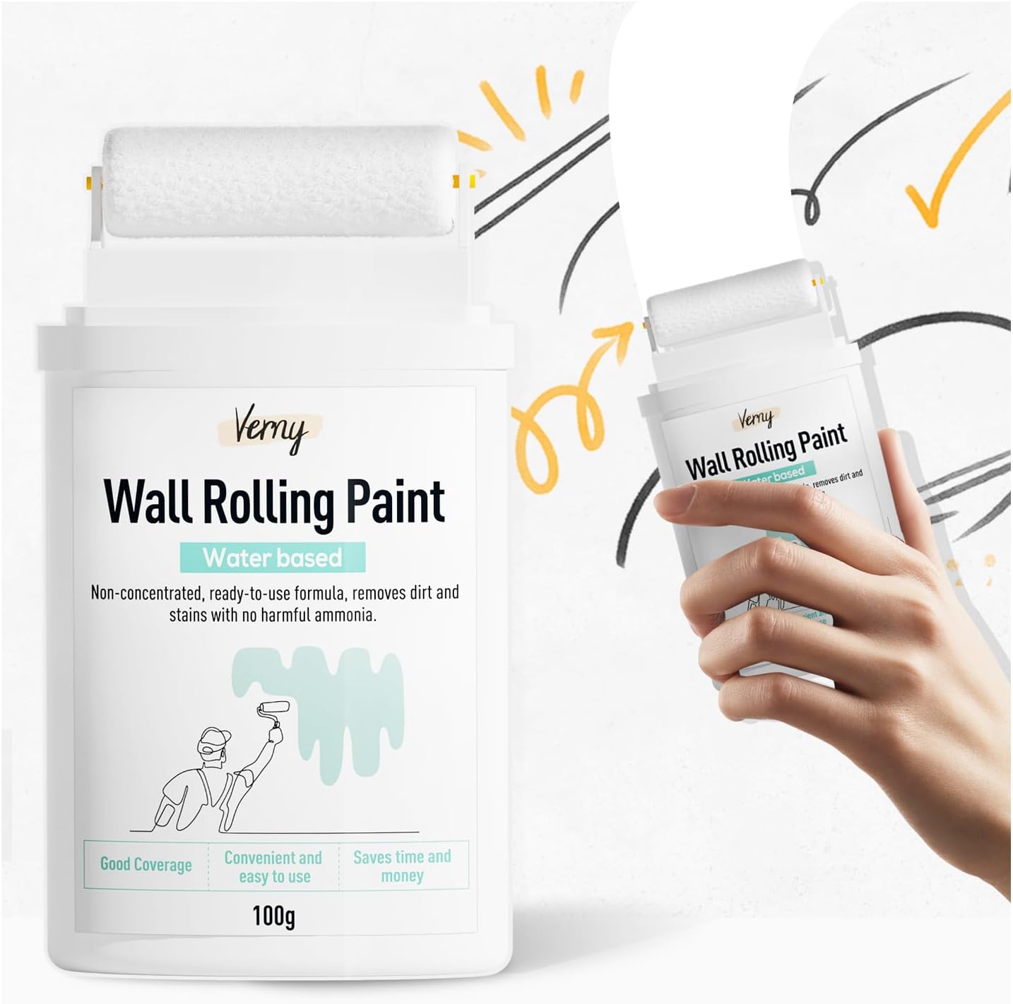 VERNY Portable Wall Paint Tool - for Effortless Cleaning & Pristine Walls, Small Roller Brush Repair Kit, Water-Based, Low VOC & Non-Toxic, Ready to Use, Elevate Home Aesthetics (White)