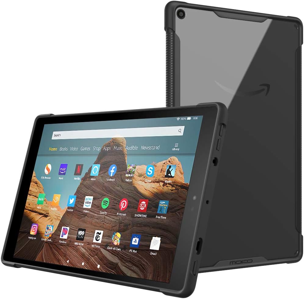 MoKo Case for Amazon Fire HD 10 Tablet (7th and 9th Generation, 2017 and 2019 Release) 10”, Flexible Transparent TPU Shockproof Soft Edge Bumper Hard PC Back Cover for Fire HD 10.1 Inch Tablet - Black