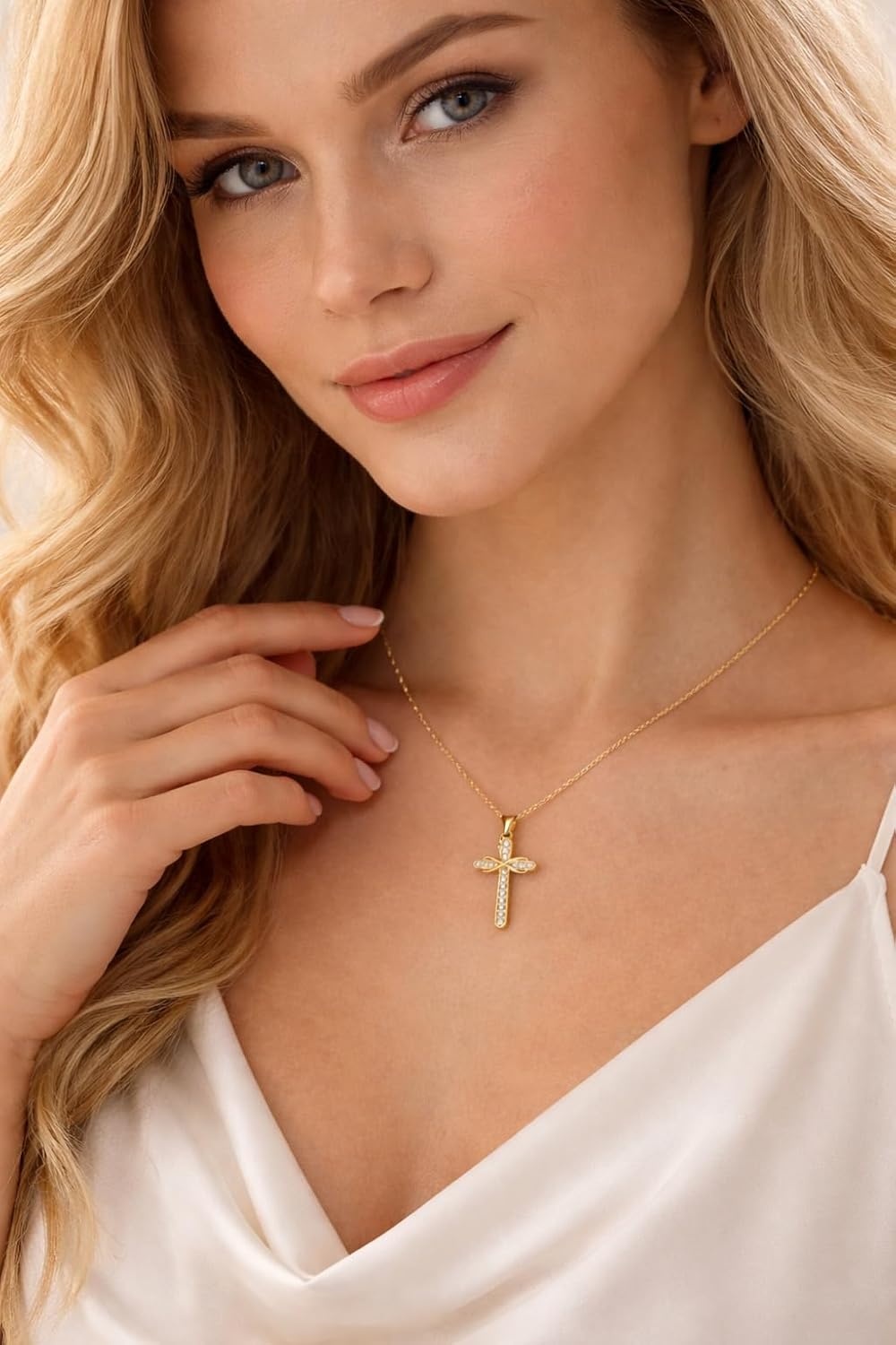 14K Gold Cross Necklace for Women Medium Infinity Crucifix Pendant Cross Chain