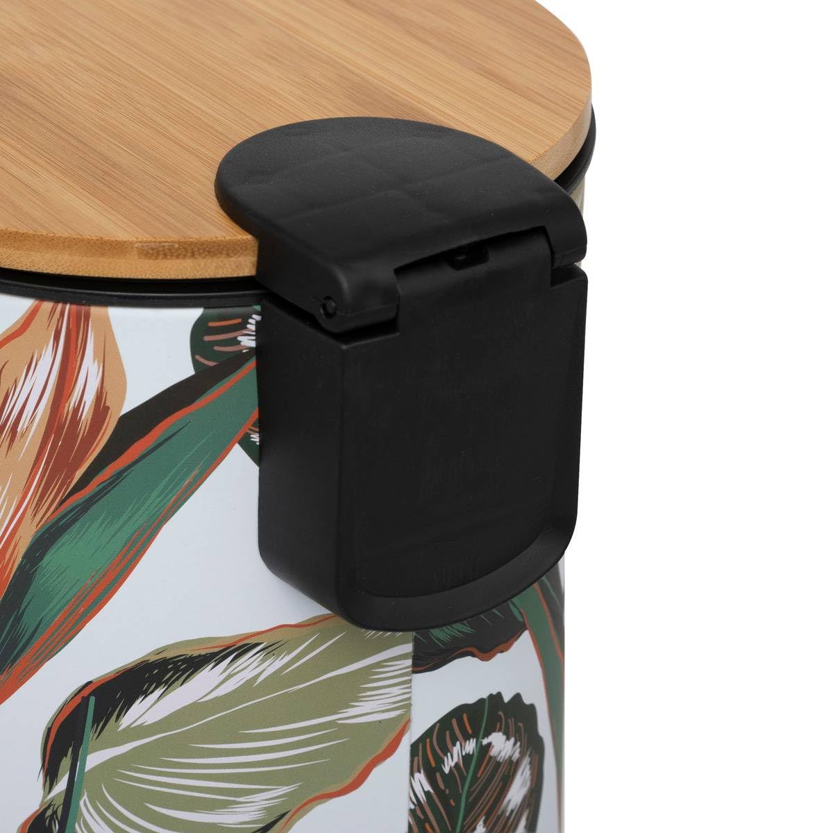 5five - Pattumiera a pedale Palawan 3L - Motivo tropicale in metallo, coperchio in bambù, chiusura ammortizzata - Per bagno e toilette