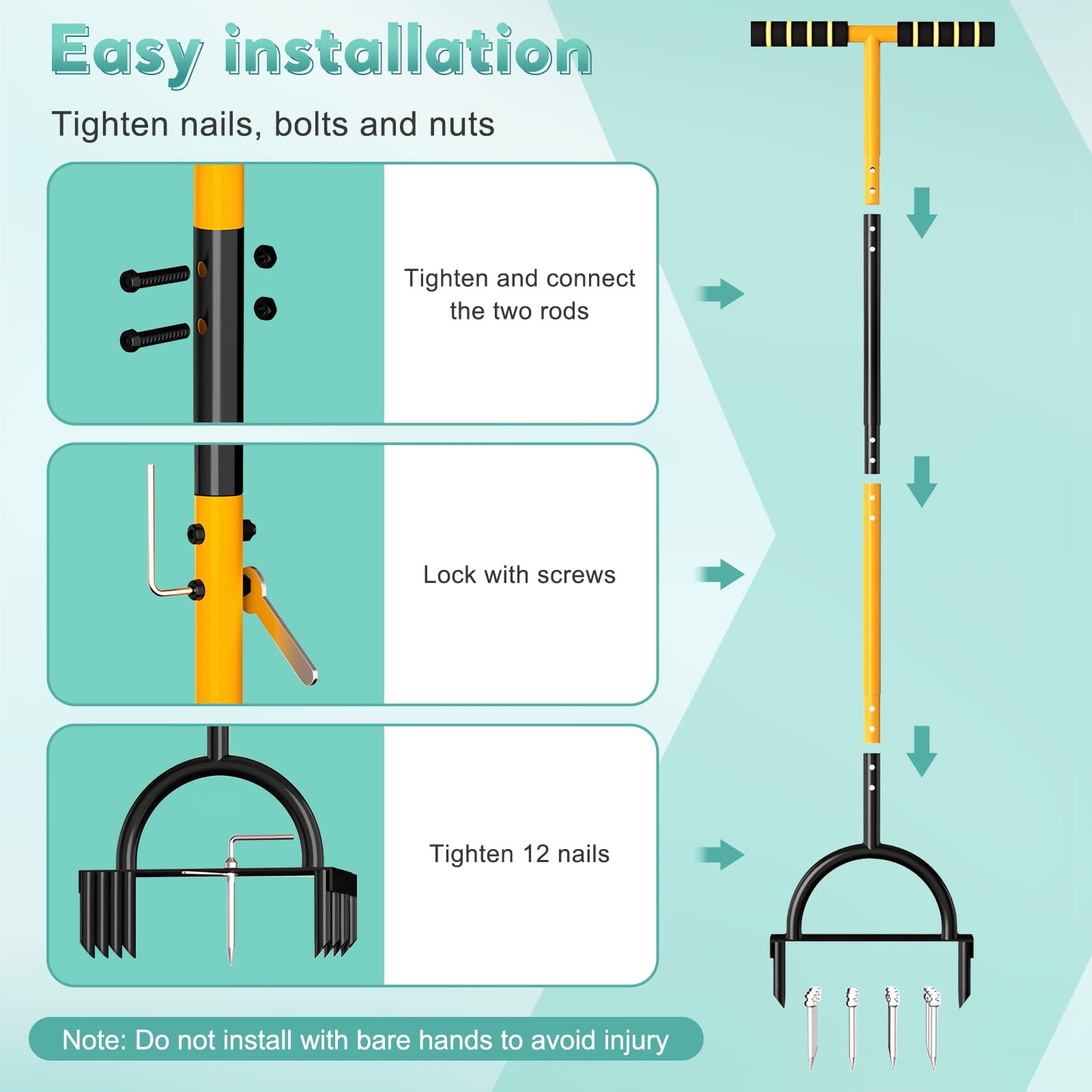 Scarificatore manuale per prato, 2 in 1, aeratore a denti cavi con 16 punte e 8 nuclei, scarificatore leggero da 98 cm e aeratore per la cura del giardino e del cortile