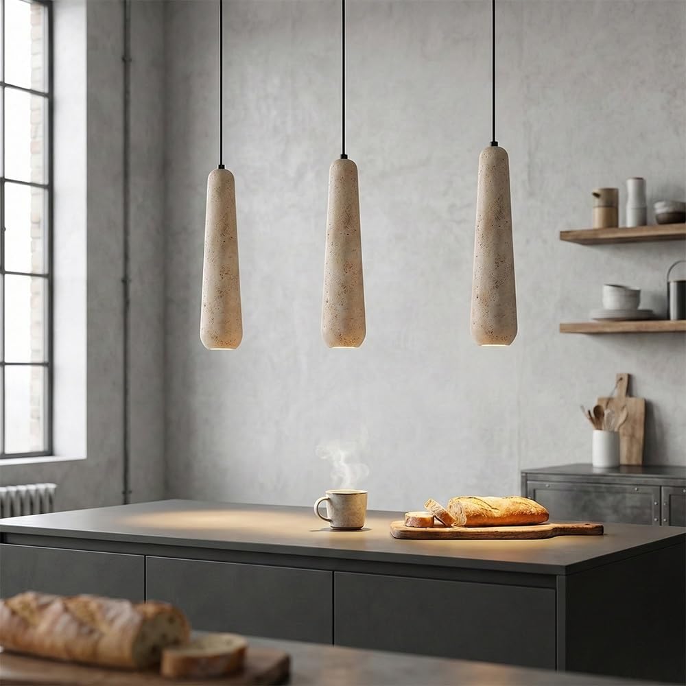 Nordic Travertine Pendant Lights Kitchen Island, Tube Cream Stone Hanging Lamp Set of 3 Minimalist Adjustable Long Chandelier for Dining Room 3000K