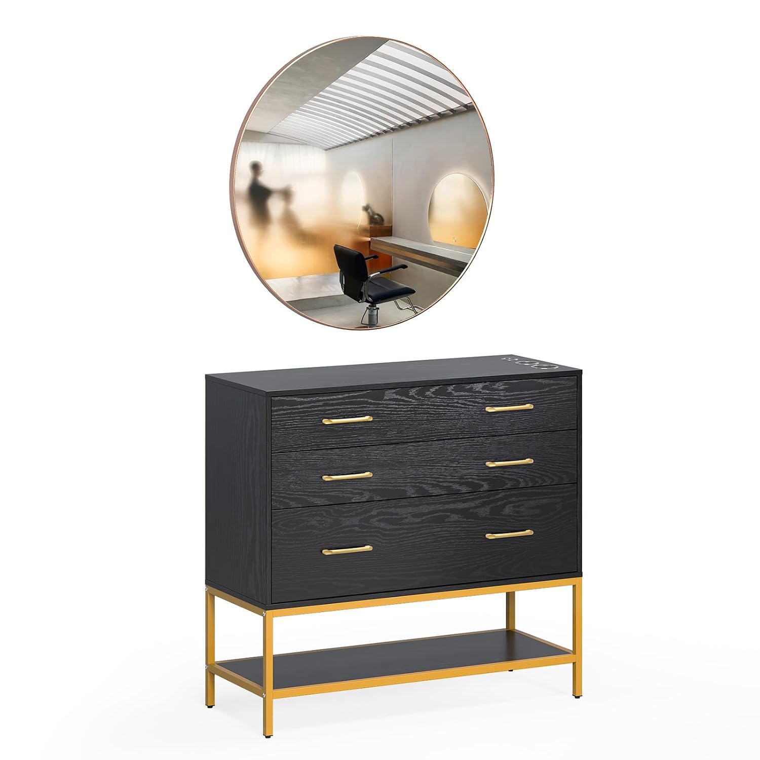 OmySalon Salon Stations for Hair Stylist, Barber Station with Mirror, 3 Drawers, Shelf & Tool Holders, Hair Storage Cabinet Organizer Table for Beauty Spa, Black