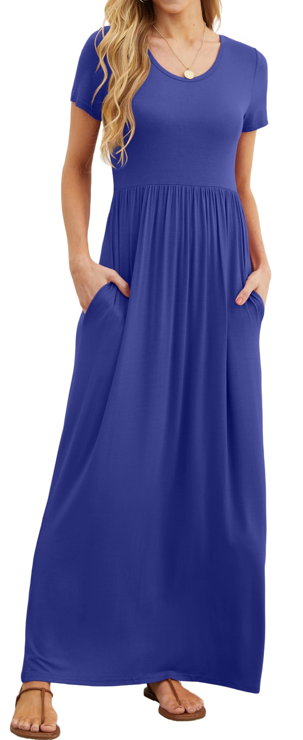 Women's Short Sleeve Maxi Dresses Casual Long Dresses with Pockets