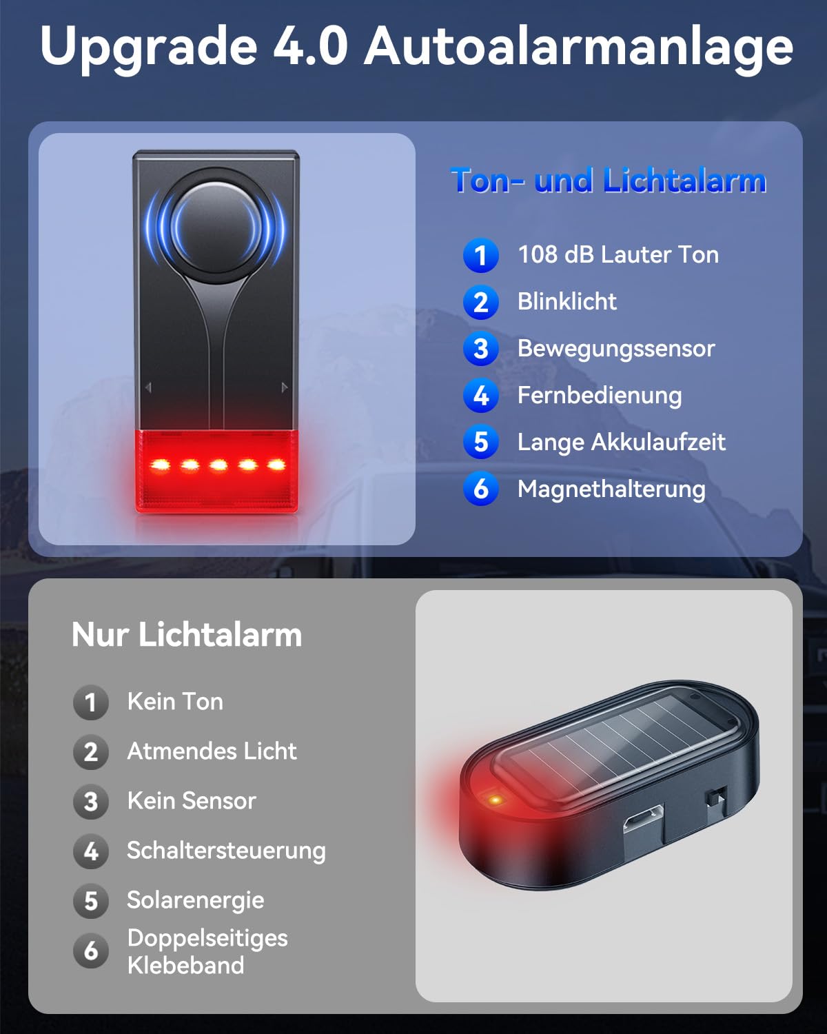 Alarmanlage Auto, Drahtloser Vibrationsalarm, Fahrzeug-Diebstahlschutzsystem, 108dB Einbruch-Sicherheitsalarmanlage Mit Fernbedienung, Einbruchalarm Mit Magnetischer Befestigung für Auto, LKW