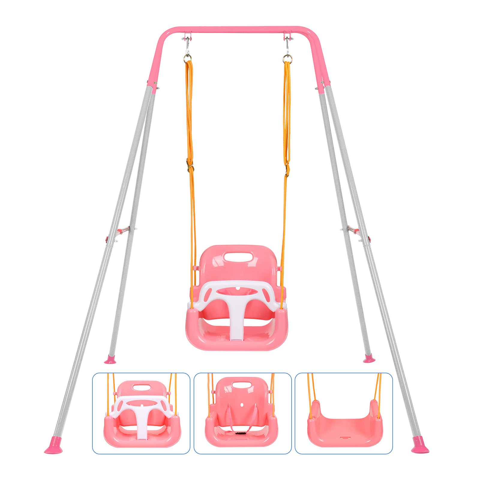 3-in-1 Toddler Swing Set, Baby Swing Set with Foldable Metal Stand for Outdoor/Indoor Play, Safe and Durable Design for Aged 1-10 Years Old, Easy to Assemble & Store (Pink)