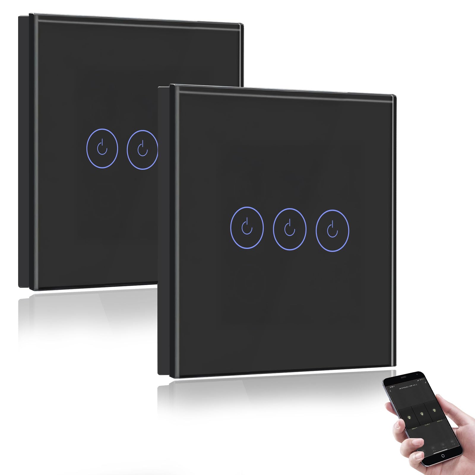 BSEED Smart Light Switch,Compatible with Alexa and Google Home,3 Gang WiFi Touch Switch,2 Way or Multi-Way Control by SmartLife APP,Black Alexa Switch with LED Indicator Light-Neutral Wire Need-2pack