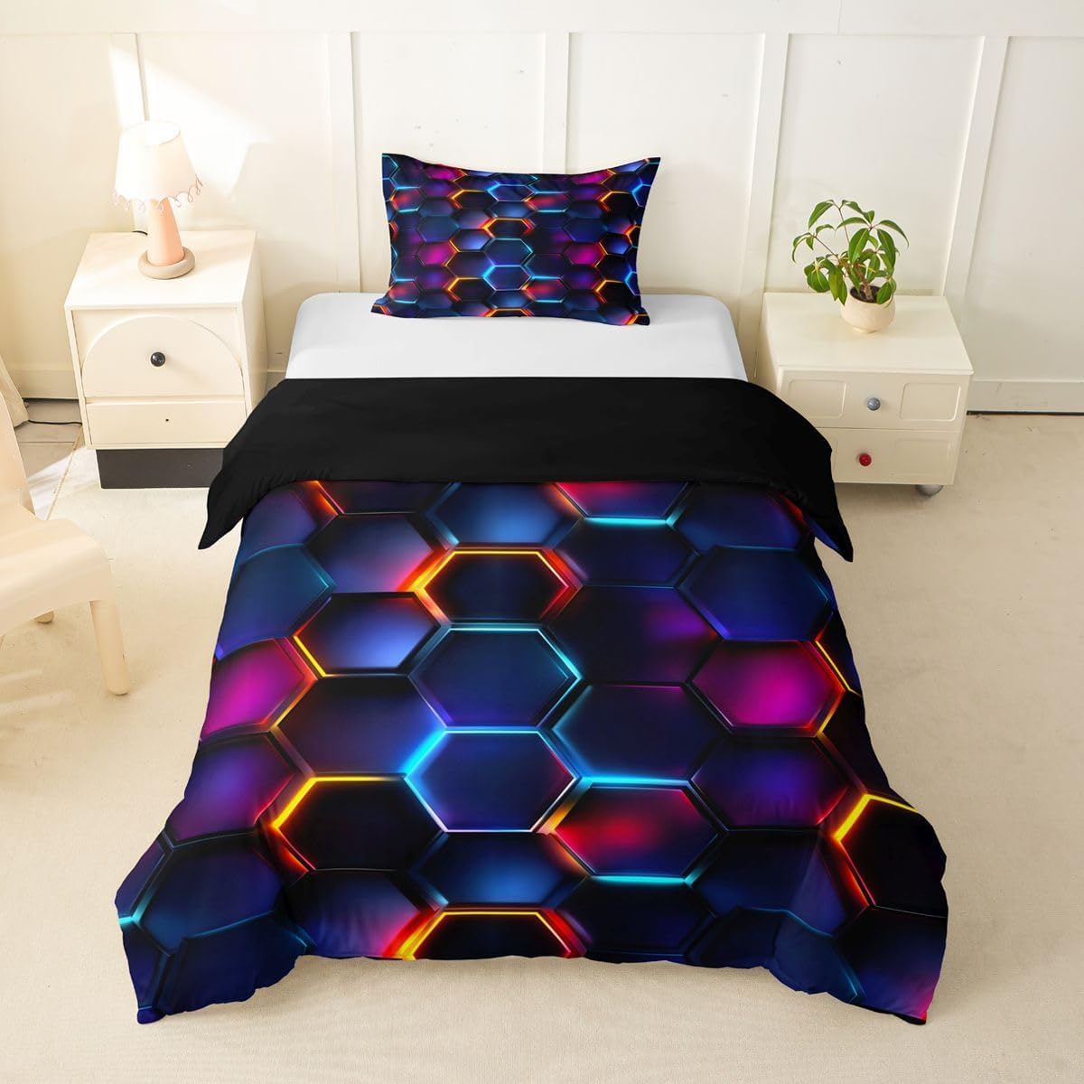 Feelyou Honeycomb Duvet Cover Toddler Size Light Geometric Bedding Set Breathable Soft Blue and Black Comforter Cover 2Pcs Bedroom Decor