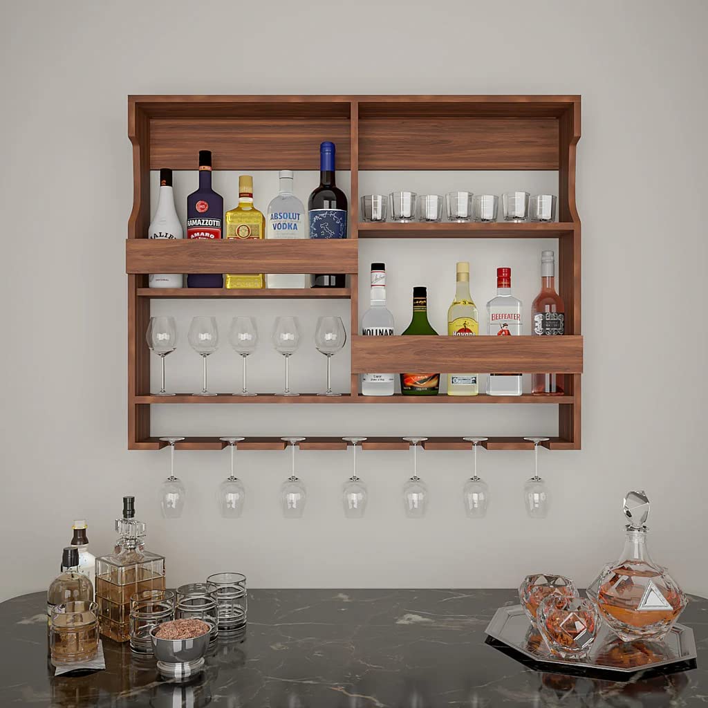 Streema art Wooden Wall Mounted Wine Rack, Bar Cabinet with Glass Storage, Wall Hanging Mini Bar for Home Wine Rack/Holder Upside Down Glass Hanging Organizer Size 30 x 24 Inch (Rosewood) (Natural) 2