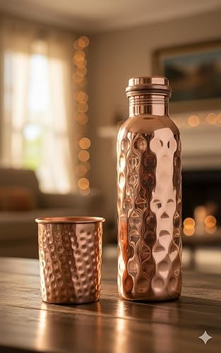 Miniatura 2 de Botella de agua de cobre puro, versátil y apta para viajes, botella ayurvédica para mujeres y hombres, diseño de boca ancha