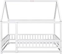 Vista 6 de Bellemave Cama de Tamaño Matrimonial de Piso Tipo Casa, Cama Montessori de Madera con Valla y Techo para Niños, Base de Cama Completa Tipo Casa