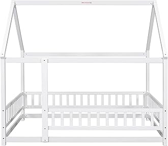Bellemave Full Size House Floor Bed,Wooden Montessori Bed with Fence and Roof for Kids,Playhouse Full Bed Frame for Girls,Boys(Full,White)