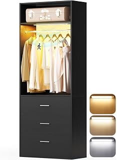 Besiost 2FT Closet System with 3CCT Motion Sensor Light, 24" Closet Organizer with 3 Wooden Drawers, Closet Systems with Hanging Rod & Top Storage, Small Closets Wardrobe for Walk-in Closets, Black