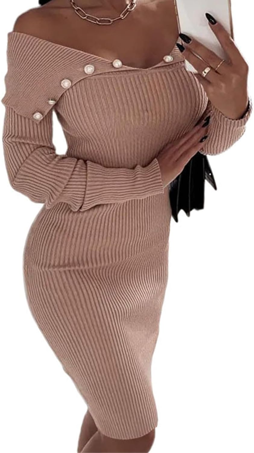 Women's Long Sleeve Square Neck Dress Slim Fit Ribbed Knit Bodycon Long Dress Stretch Sweater Pencil Midi Dress