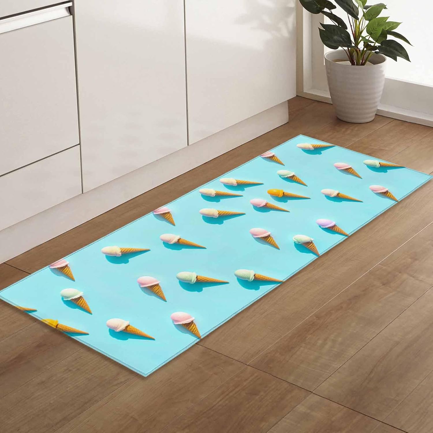 Teamery Kitchen Mats for Floor Summer Sweet Dessert on Mint Green Washable Non Slip Kitchen Rugs 1PCS, Seamless ICY Cream Absorbent Standing Mats for Sink Bathroom Office Living Room 15.7x47.2in
