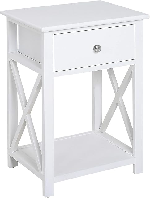 HOMCOM End Table, Sofa Side Table with Drawer X Bar Bottom Storage Shelf, Nightstand Bedside Table for Bedroom or Living Room White