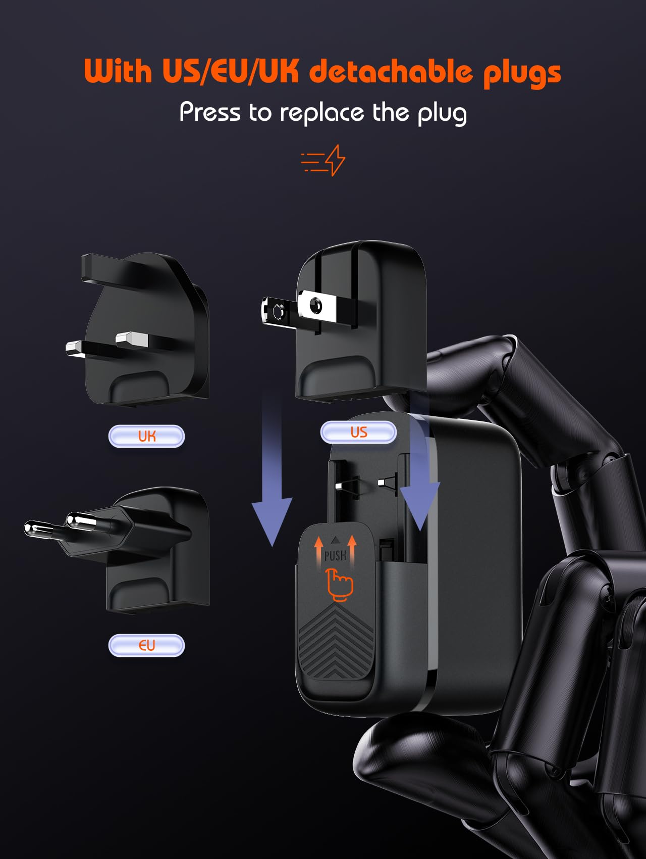 MANTO Chargeur Rapide GaN 65W avec Adaptateur Voyage 3-en-1 (US/UK/EU), 3 Ports 2C1A, PD3.0 & QC3.0, Compatible MacBook, iPhone 17, Samsung Galaxy