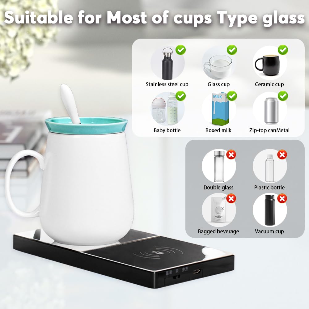 mizikuu Scaldacaffe elettrico, 2 in 1 Scalda Tazza da Caffè Elettrico con Ricarica Wireless 55 °C Scalda Bevande Riscaldatore Caffè Intelligente per tè, acqua, cacao, latte o zuppa