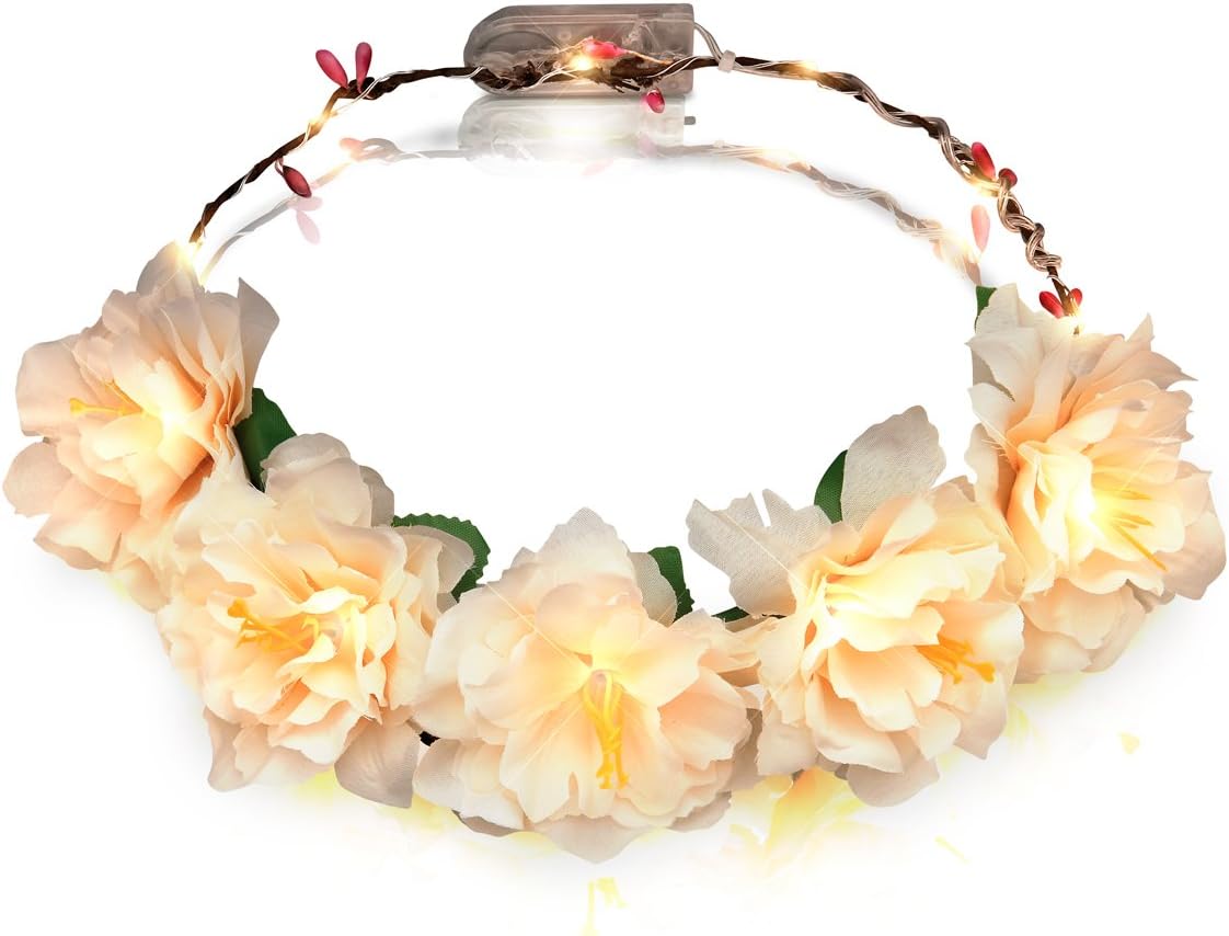 FlashingBlinkyLights Warm White Light Up Magical Flower Halo Headband with Still LED Lighting for Weddings and Festivals (Set of 12)