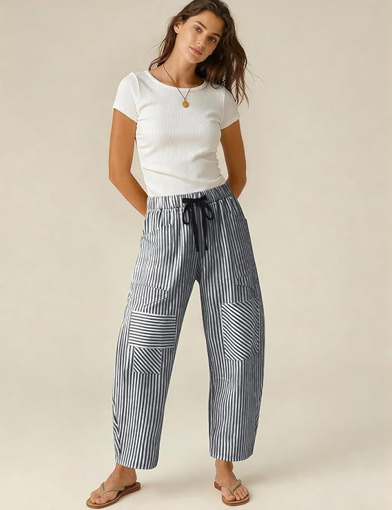 TARSE Womens Striped Linen Barrel Pants with Pockets Y2k Patchwork