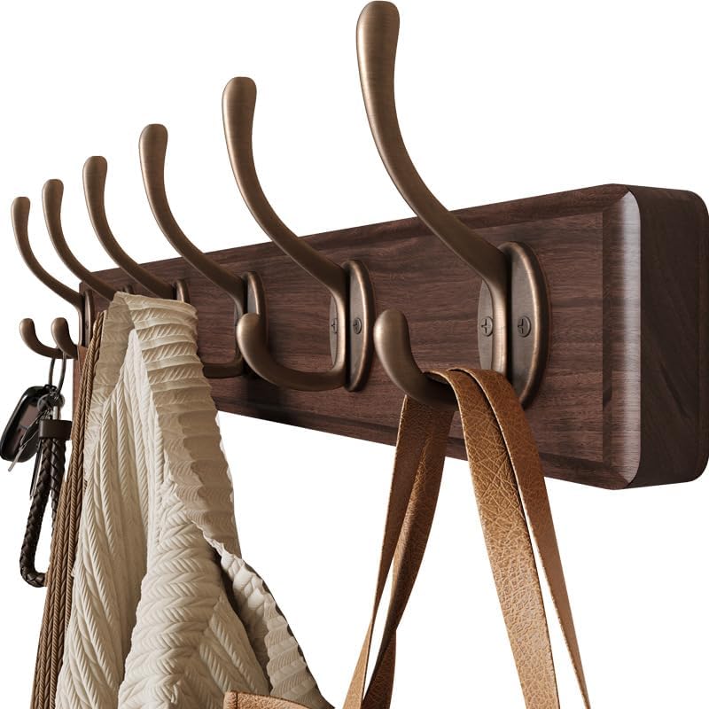 Ganchos para abrigos de 23.6 pulgadas para montar en la pared, 6 ganchos vintage de madera maciza para sombreros, bolsos, llaves, ropa, mochilas