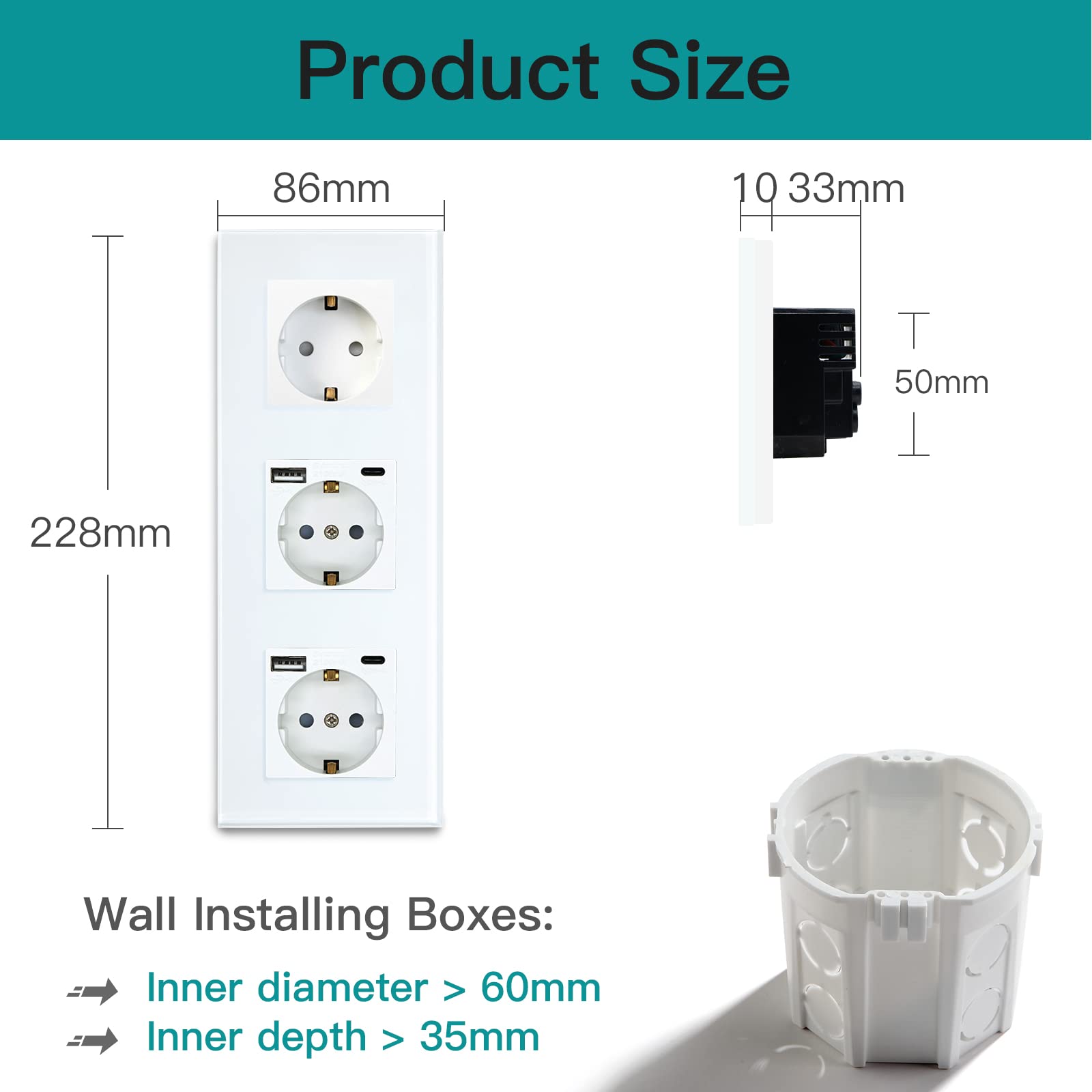 BSEED Dubbel Schuko Stopcontact, inbouw, 3-in-1 stopcontact, met 2,1 A USB- laadvermogen en type C-adapter, oplaadstation, verlengstopcontacten, glas, 157 mm, grijs