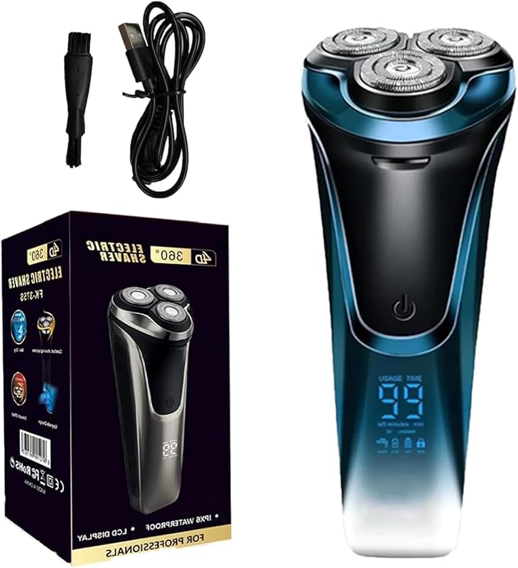 Barbeador elétrico rotativo Xing Chen Hai Yang com cabeça flutuante 4D, IPX7, uso seco e úmido, carregamento USB, visor LCD, azul