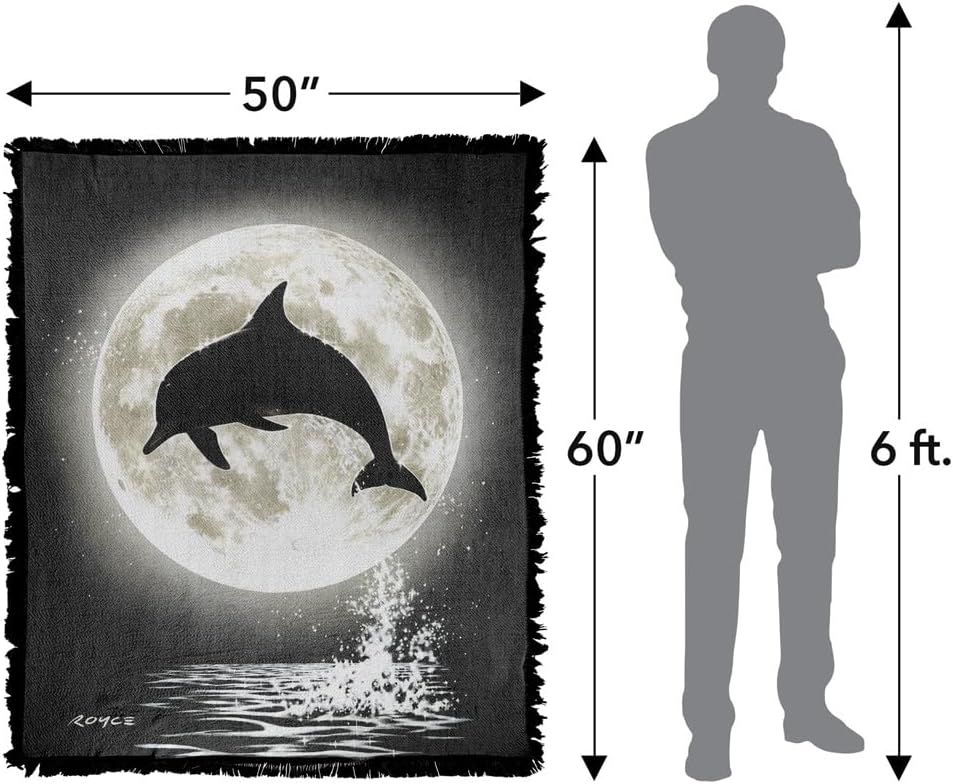 LOGOVISION JQ Licensing - Royce Mcclure Blanket, 50"x60" Dolphin Moon Silhouette Woven Tapestry Cotton Blend Fringed Throw Blanket