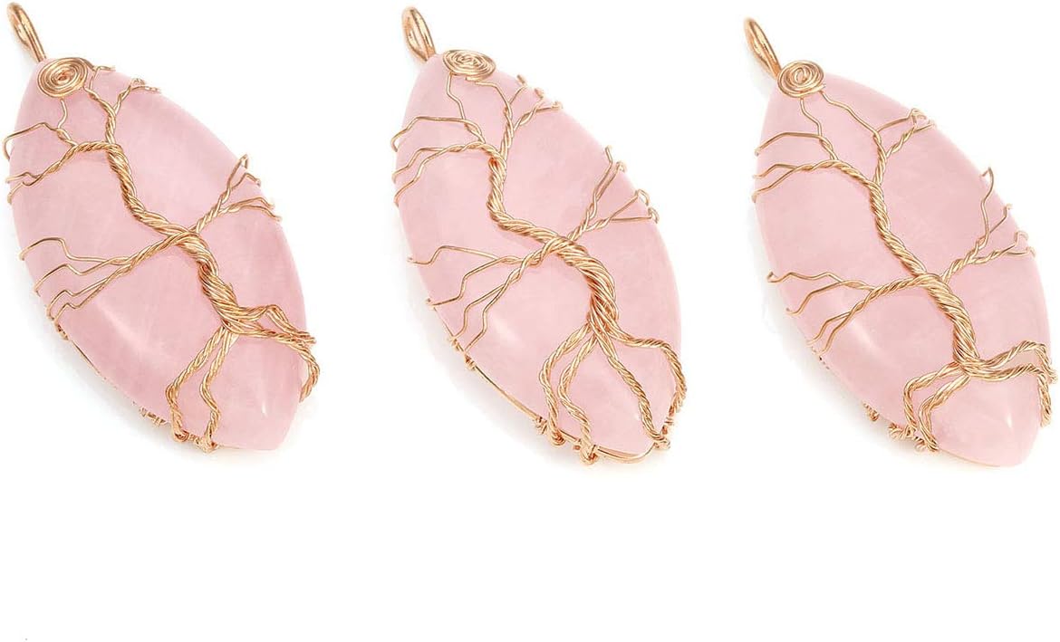 Top Plaza Vintage Copper Wire Wrapped Tree of Life Natural Gemstone Horse Eye Shape Pendant Necklace Healing Crystal Chakra Jewelry for Women - Rose Quartz