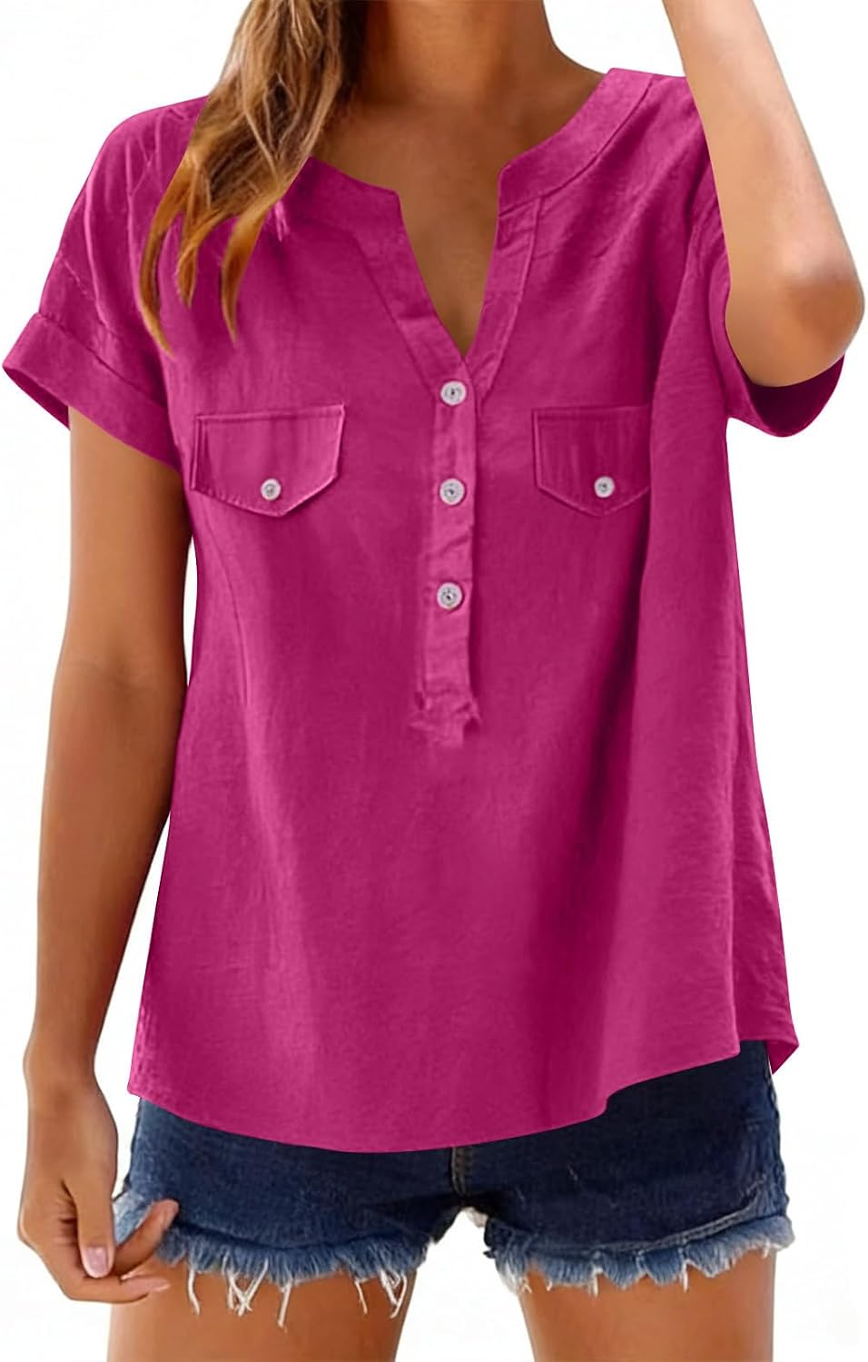 Linen Shirts for Women's Trendy Button up V-Neck Short Sleeves Tunic Tops Summer Dressy Casual T-Shirts Blouse