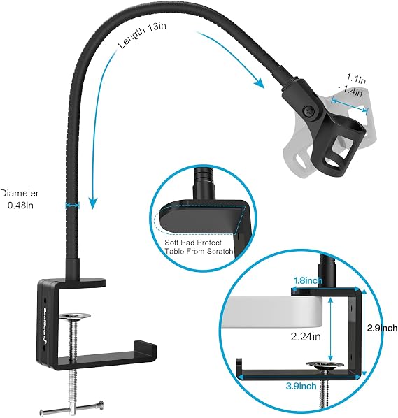 ZealSound Microphone Stand Gooseneck 13, Flexible Clamp-On Desktop Mic Stand with 360 Adjustable Arm, 3/8 to 5/8 Adapter, Heavy-Duty Desk Mount, for Podcasting, Streaming, Podium & Public Speaking