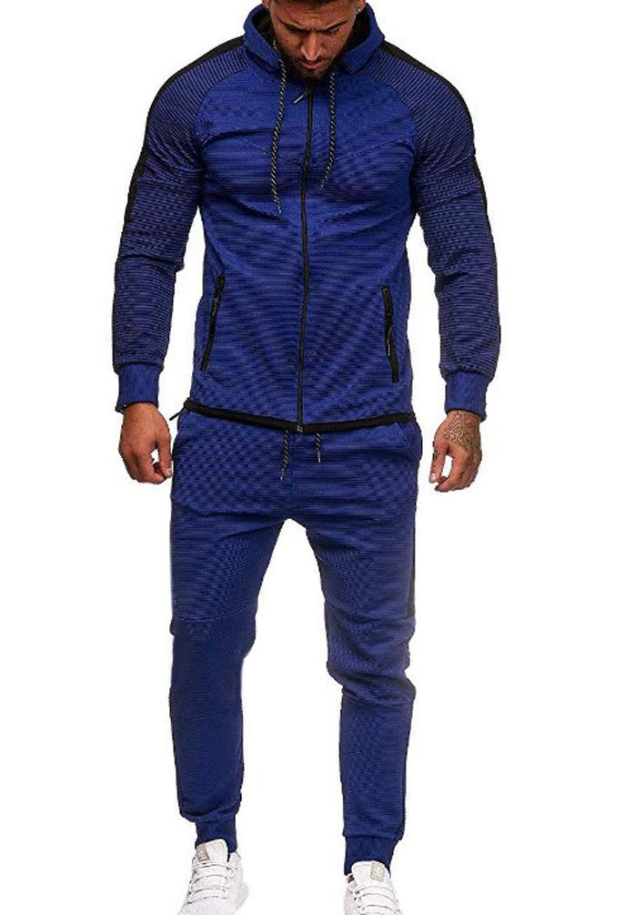 Sportowy Garnitur Męski Pinstripe Splice Slim Fit Dres Modne Spodnie dresowe + Zestaw Bluza Z Kapturem Trend Zimowy, NIEBIESKI, 3XL