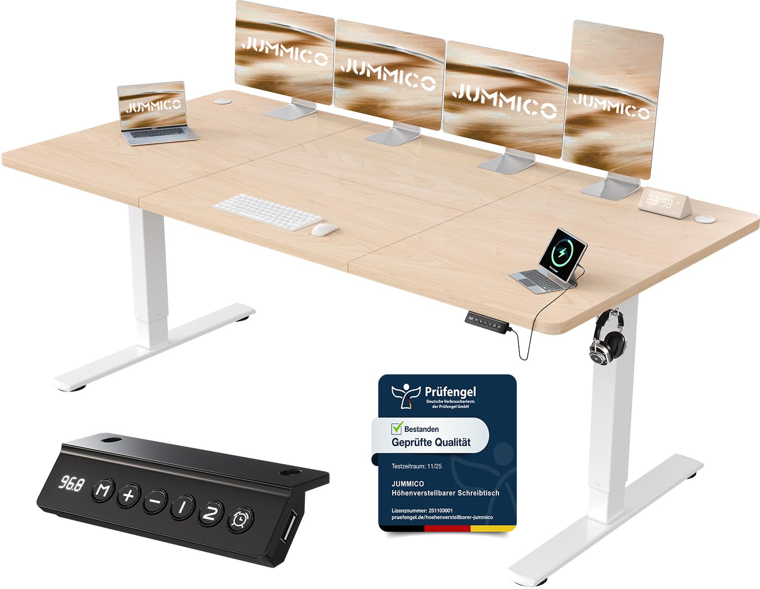 JUMMICO Höhenverstellbarer Schreibtisch mit USB-Ladeanschluss,Schreibtisch Höhenverstellbar Elektrisch 200 x 80 cm, Steh-Sitz Tisch Stehpult Verstellbarer Computertisch,Standing Desk,Beige