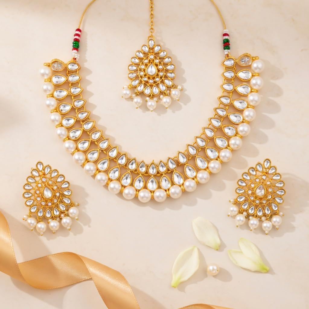 Efulgenz Kundan Necklace Indian Jewelry Kundan Crystal Faux Pearl Necklace Set Bollywood Wedding Choker Necklace Earrings Maang Tikka Bridal Set for Women
