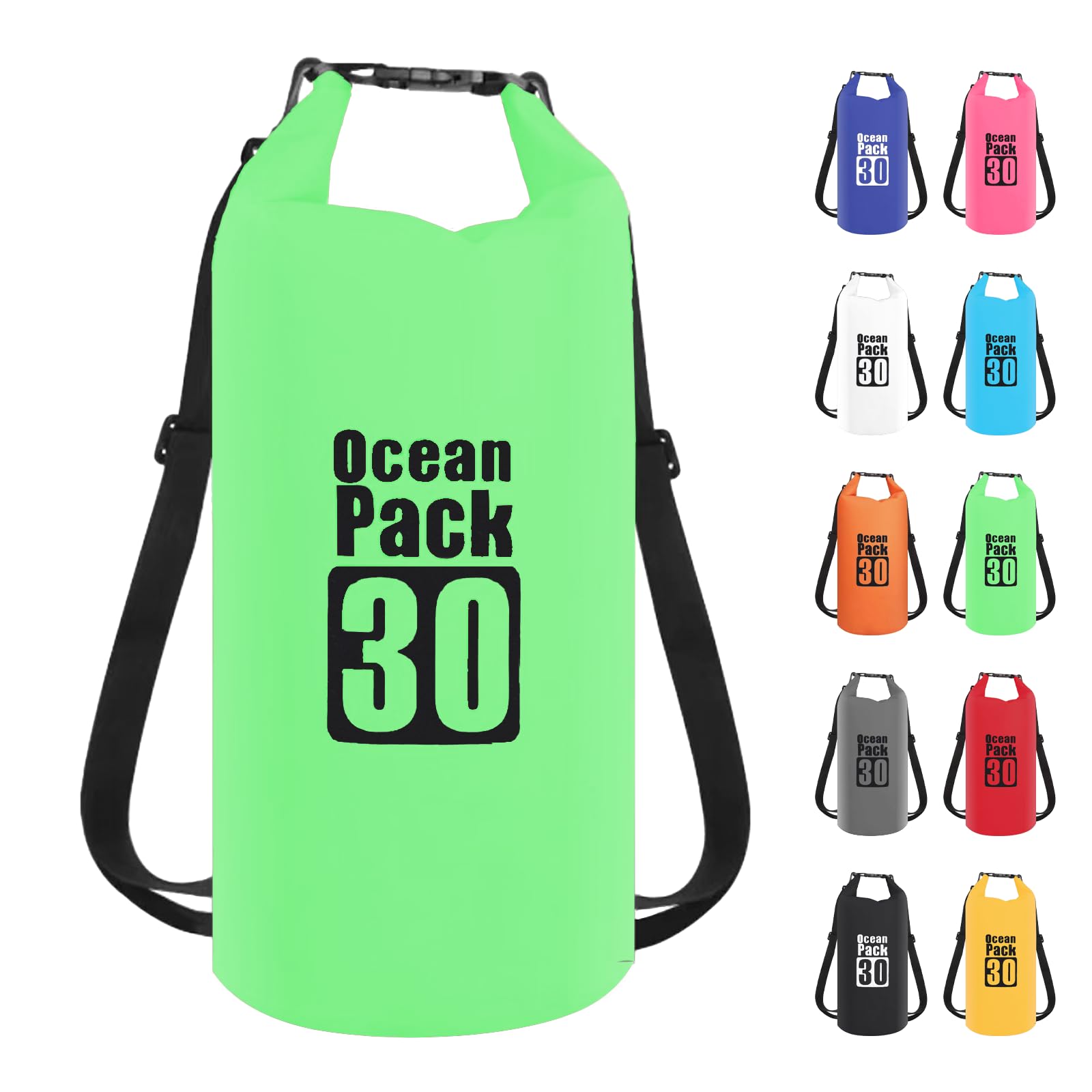 Dry Bag 30L, Boat Dry Bags Green Waterproof Bag Dry Sack Roll Top Long Adjustable Shoulder Strap 2L/5L/10L/20L/30L/40L for Drifting Boating Kayaking Fishing Rafting Swimming Camping Canoeing Surfing