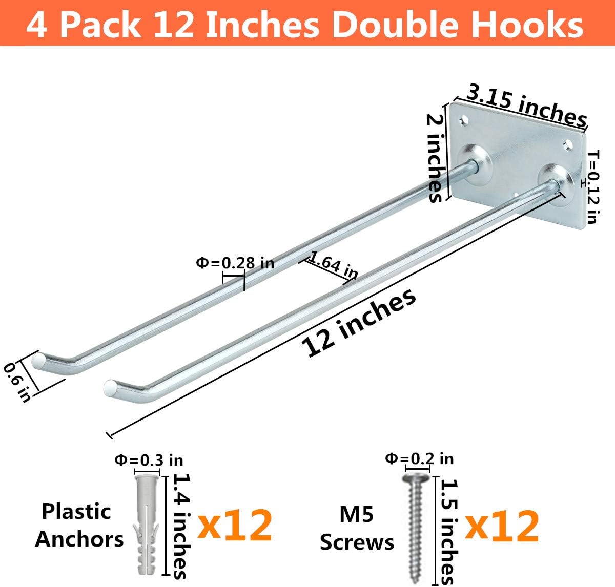 Wall Mounted Steel Long Handled Tools Storage Hooks, 12 Inch Steel Garage Utility Double Rack Organizing Ladders, Rakes, Hose, shovel, Brooms, Max Capacity 55Lbs (Pack of 4)