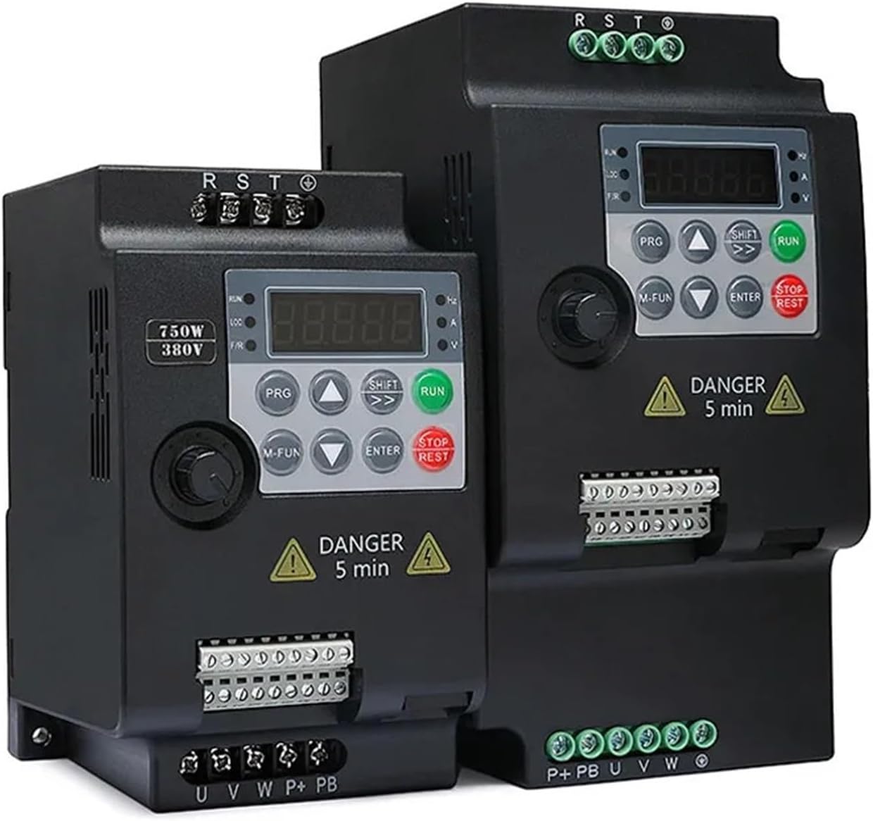 Two WENBIXIA CW100 VFDs side-by-side, showing control panels