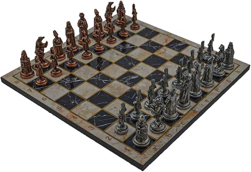 Metal Chess Sets for Adult Ottoman Empire Antique Copper Figures,Handmade Pieces and Different Design Wooden Chess Board Bej