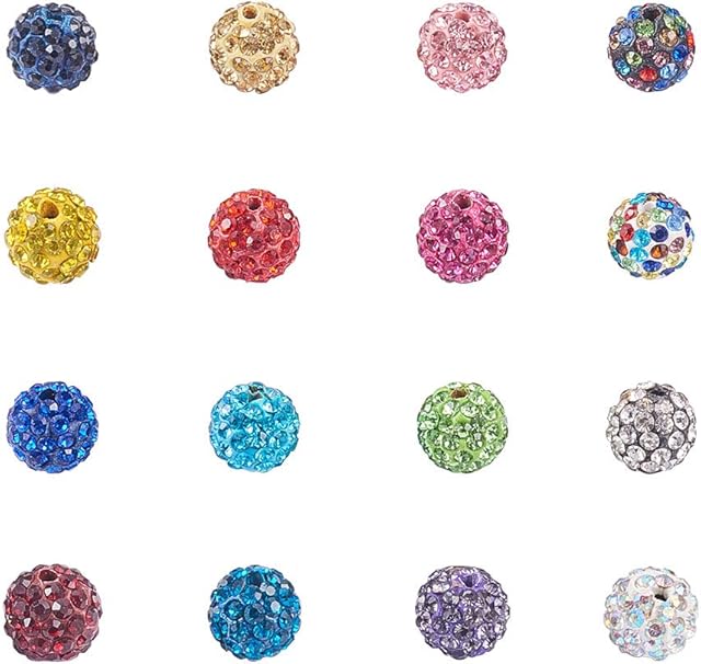 NBEADS 100 Pcs 10mm Disco Ball Beads, Mixed Color Rhinestone Crystal Shamballa Beads Bracelet Charms Round Spacer Bead for DIY Bracelet Necklace Jewelry Making